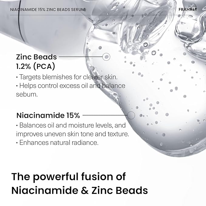 FRANKLY Niacinamide 15% + Zinc Bead Serum | High Dose Yet Gentle Skin Repair | Acne, Pore & Redness Control | Bead-to-Skin Delivery System for Fresh Niacinamide | Vegan Korean Skincare | 1.01 fl.oz