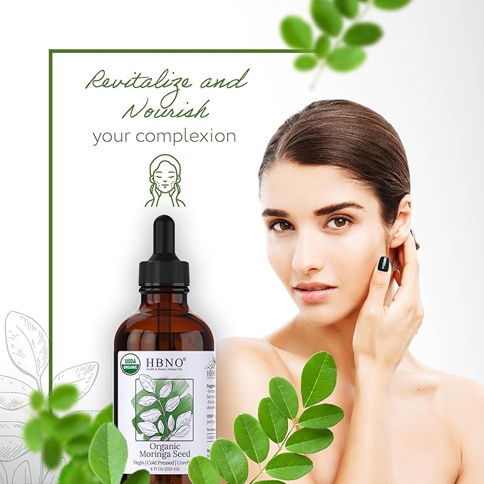 HBNO California Bottled Organic Moringa Oil 4 fl oz (120ml) Value Size - USDA Certified Organic Moringa Oil, Cold Pressed Carrier Oil for Face, Body, Lips, Nails, Shampoo & Conditioner