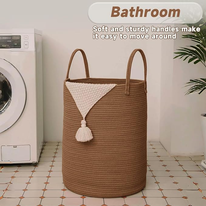 JMvicyroam 100L Cotton Rope Laundry Basket Hamper, Golden Jute | Collapsible laundry basket, reinforced handles, freestanding, machine washable, holds 3-5 thick blankets, clothes or toys