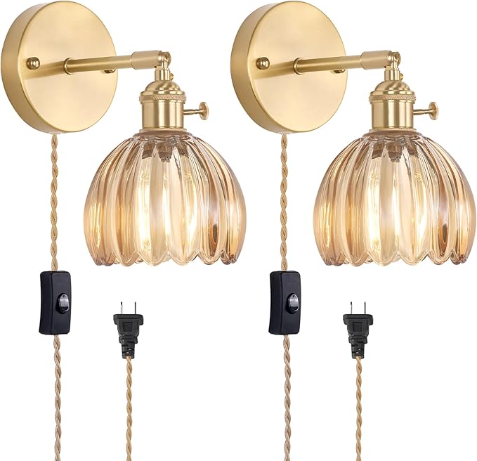 Shenmoyl Plug in Wall Sconce, Amber Tulip Glass Lampshade Wall Light Plugin Corded for Bedside Bedroom Doorway, 2 Pack
