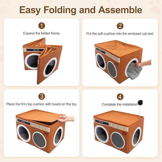Retro Radio Cat House, Large Foldable Cat Bed Indoor Cat Cave | Spacious Multi-Cat Sleeping Hideaway Pet Nest, Non-Sticky Fur Fabric, Scratch Pad & Bendable Antenna Ball 13×19.7×15.8 Inches