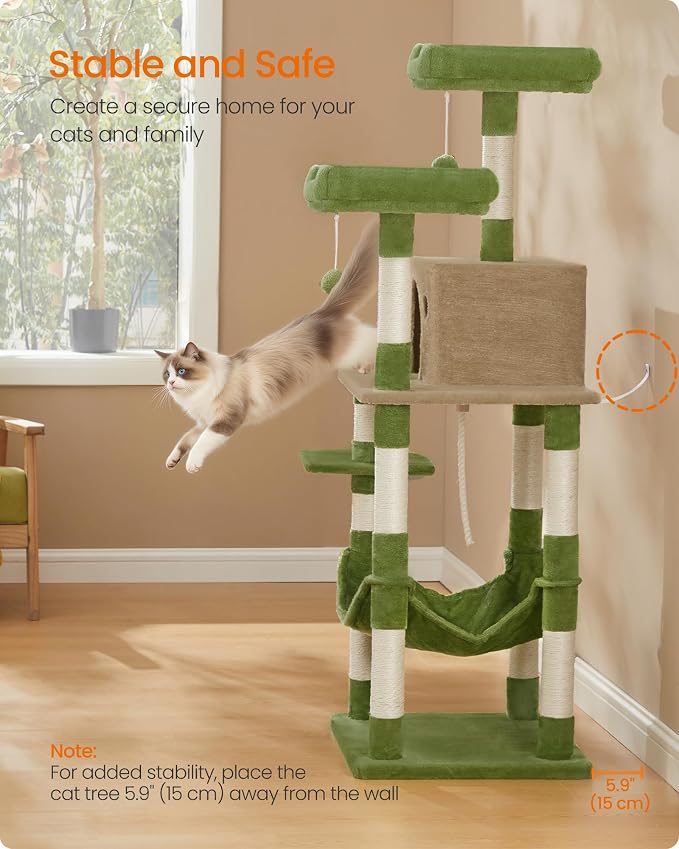 Feandrea Cat Tree, 55.8-Inch Cat Tower, Multi-Level Plush Condo with 11 Scratching Posts, 2 Perches, Hammock, Cave, Grass Green and Camel Brown UPCT015CB02