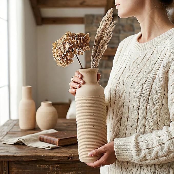 Rustic Farmhouse Vase Set of 3 - Ceramic Decorative Vintage Vases Home Decor - Pampas Grass Dried Fresh Flowers - for Centerpiece, Coffee Table, Mantel Entryway, Living Room, Bedroom (Retro 2)