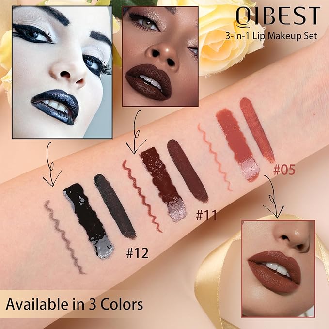 QiBest 3-in-1 Black Lipstick Set for Halloween & Goth Makeup, Matte Liquid Lipstick + Lip Gloss + Gel Lip Liner Pencil Lip Kit for 24 Hours Long Lasting & Waterproof Gothic Lip Makeup (Black Magic)