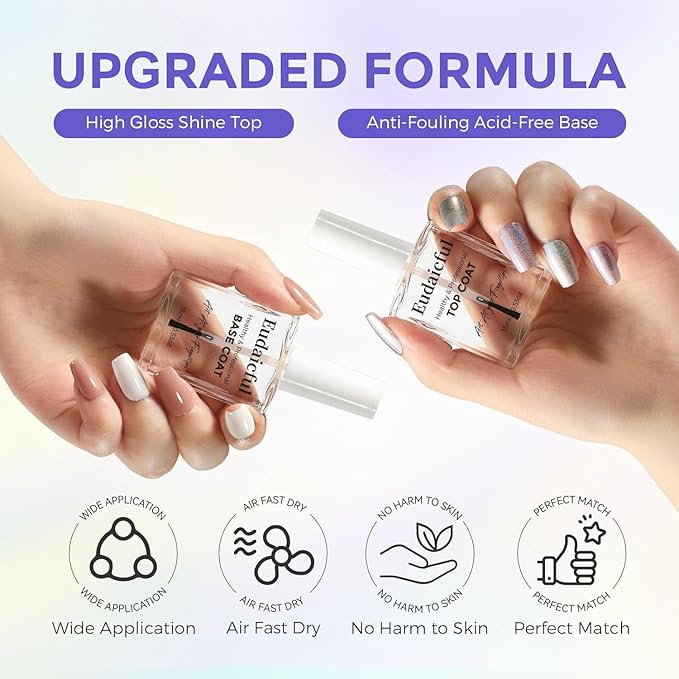 Nail Polish Top and Base Coat Set 2Pcs, Quick Drying & Long Lasting Shine Clear Nail Polish Nail Strengthener Nail Lacquer and Growth, Protects Nails and Nourishes Nails at Home, 15ML