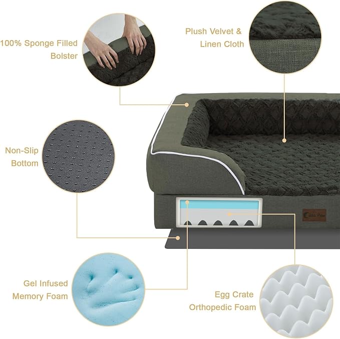 Orthopedic Dog Bed for Extra Large Dogs, 45x35in, Dark Green | Orthopedic Foam Relieves Joint Pressure, Bolsters Supports Head And Neck, Washable Cover, Non-Slip Bottom