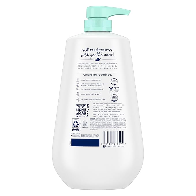 Dove Body Wash with Pump Sensitive Skin For 24hr Lotion-Soft Skin Moisturizing Skin Cleanser Gentle Hypoallergenic Formula with No Sulfates No Parabens 30.6 oz