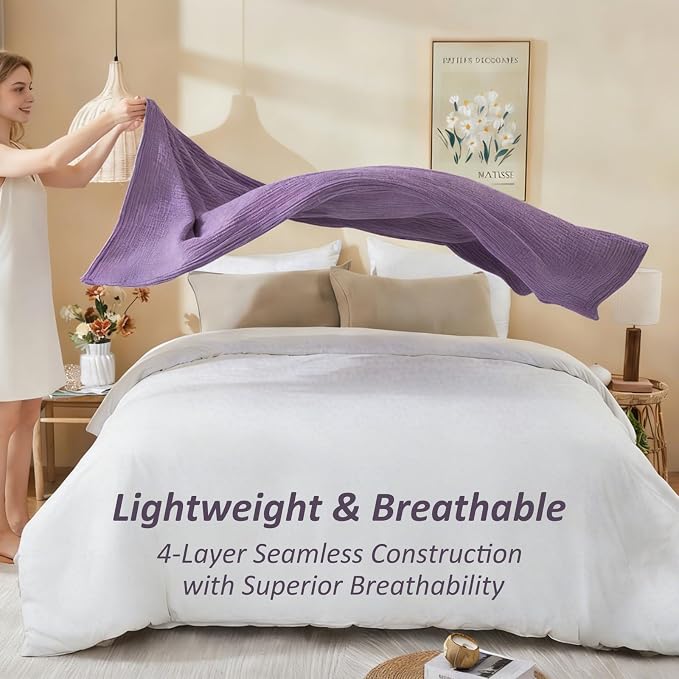 EMME Cotton Muslin Twin XL Blanket Breathable Gauze Soft Lightweight Adults Gifts for Women (Heather Purple, 66"x90")