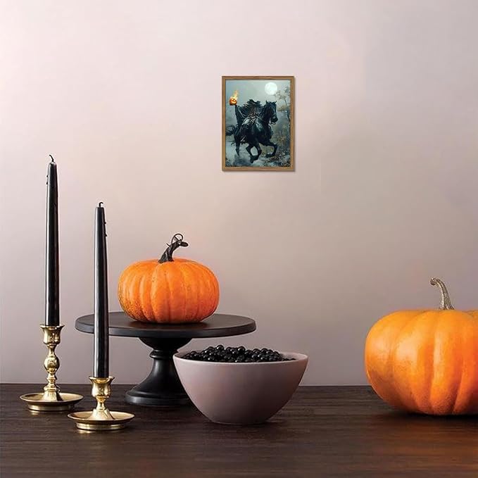 Vintage Framed Halloween Wall Art, Gothic Headless Horseman Pumpkin Picture Poster, Spooky Fall Forest Canvas Prints, Dark Academia Halloween Wall Decor for Living Room Bedroom 8x10 inch