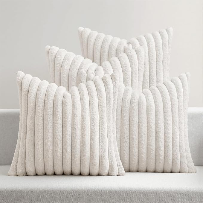 MIULEE Faux Fur Plush Decorative Throw Pillow Covers 20x20, Pure White | Set of 4, Striped, Soft Modern Cozy Home Decor, Cushion Cases for Sofa Couch Bed Living Room