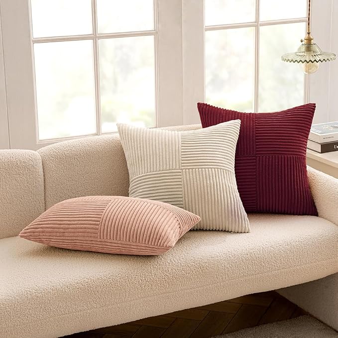 MIULEE Burgundy Decorative Throw Pillow Covers for Couch 20x20 Inch | 2 Pack, Boho Farmhouse Pillow Covers, Soft Cross Corduroy Patchwork Textured Cushion Cases For Bed Sofa