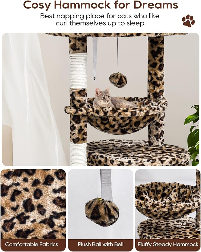 SYANDLVY Small Leopard Print Cat Tree for Indoor Cats, Modern Cat House | Cat Tower with Scratching Post & Padded Perch, Kittens Condo with Cradle, Cat Cave