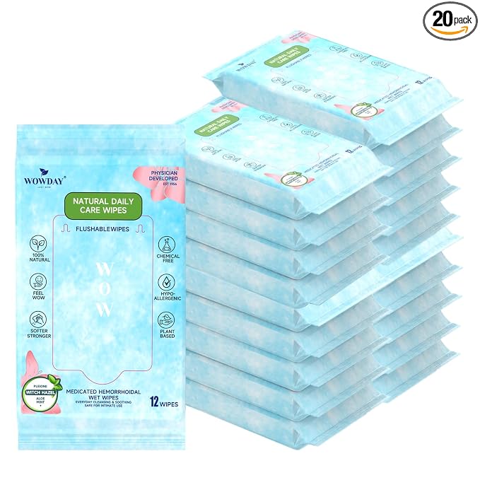 Flushable Hemorrhoid Wipes | Medicated Witch Hazel Wipes Ph Balanced | 240 Count Natural Fragrance Free Adult Hemorrhoids Witch Hazel Wipe for Butt Itch