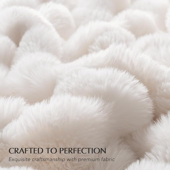 Faux Rabbit Fur Bubble Throw Blanket, 60"x80", Ivory White | Ultra Soft, Luxury Faux Rabbit Fur Throw, Thick Warm Bubble Blanket, Cozy Fluffy Reversible, for Bed, Couch, Chair, Sofa