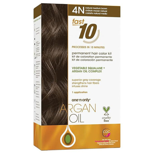 One 'N Only Fast 10 Permanent Hair Color Kit - Hair Dye for Women with Argan Oil to Maintain Moisture Balance - Advanced Micro-Pigments for Natural Tones (4N Medium Brown)