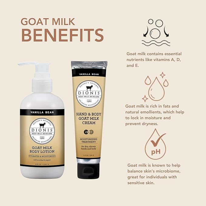 Dionis Goat Milk Vanilla Bean Hand & Body Cream and Body Lotion Bundle (Pack of 2)