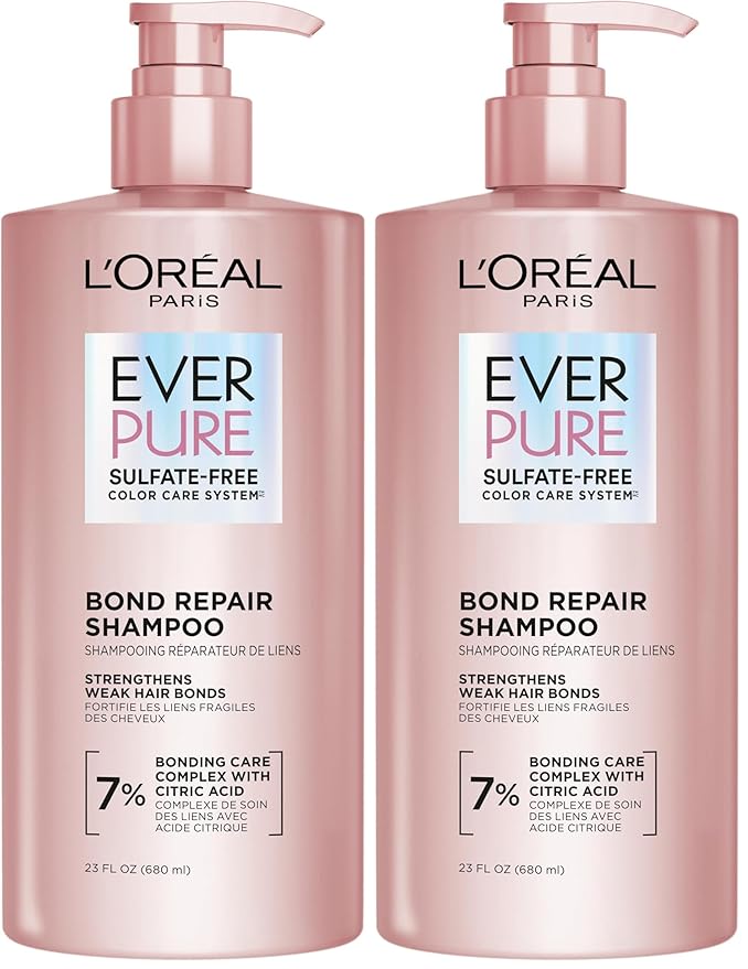 L'Oreal Paris Sulfate Free Bond Repair+ Shampoo,Hair Shampoo with Amino Acid Complex,Strengthens and Repairs Damaged or Color Treated Hair,EverPure,23 Fl Oz (Packaging May Vary),(Pack of 2)