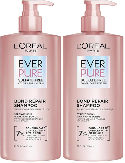 L'Oreal Paris Sulfate Free Bond Repair+ Shampoo,Hair Shampoo with Amino Acid Complex,Strengthens and Repairs Damaged or Color Treated Hair,EverPure,23 Fl Oz (Packaging May Vary),(Pack of 2)