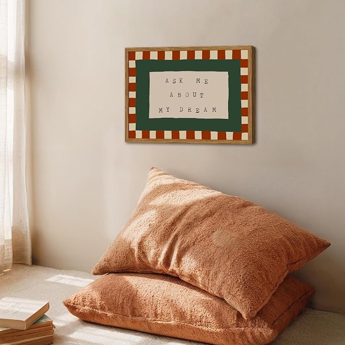 Framed Ask Me About My Dream Wall Art, Retro Red Green Checkered Pictures Wall Decor, Mid Century Modern Minimalist Text Paintings Canvas Prints for Home Living Room Bedroom 12x16 inch