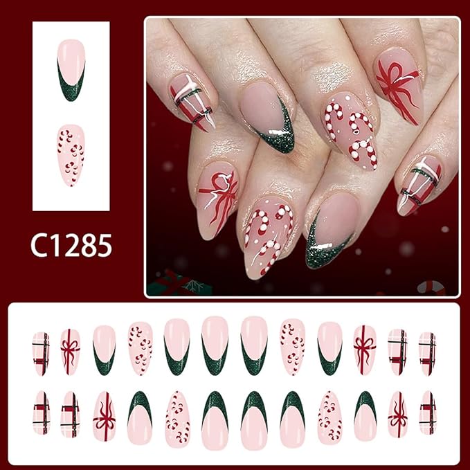 Christmas Press on Nails Candy Cane Fake Nails Short Almond False Nail with Bow Design Nude Glue on Nails Glossy Full Cover Artificial Acrylic French Tip Stick on Nail for Women Xmas Manicure 24Pcs