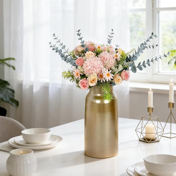 Gold Seamless Metal Flowers Vase Decor, 10.8" Tall Centerpiece Metallic Vases Decorative for Farmhouse Home Kitchen Counter Living Room Entryway Fireplace Aesthetic, floreros para centros de mesa