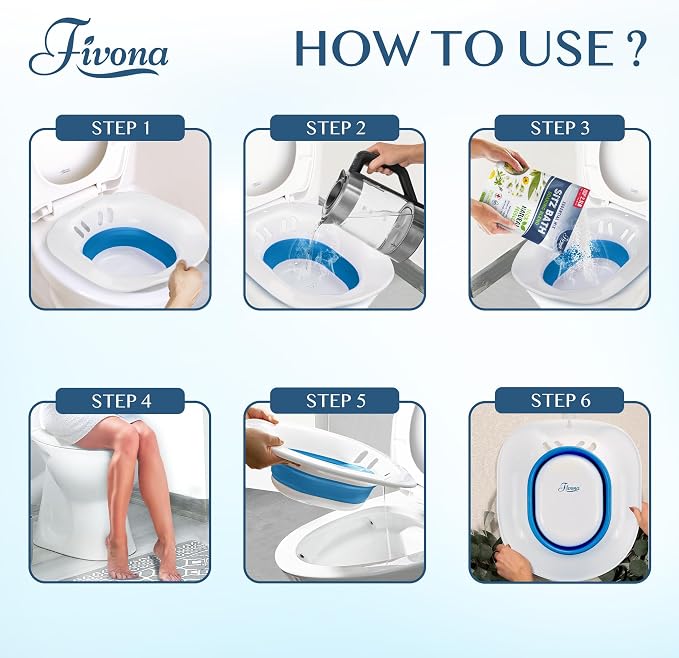 Fivona Sitz Bath for Toilet Seat Postpartum and Hemorrhoids Care - Yoni Steam Seat - Foldable Basin for Epsom Salt Soak - Portable Bidet BPA Free Temperature Resistant - Universal Fit - Blue