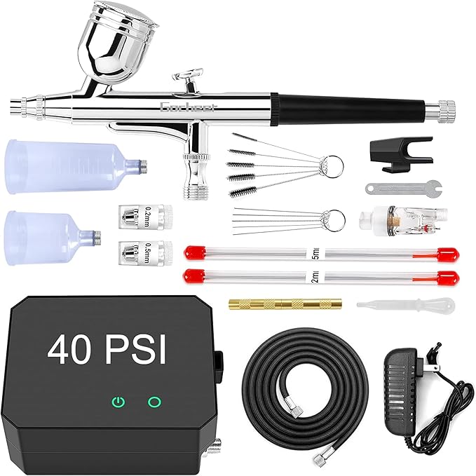 Gocheer Airbrush Kit with Air Compressor, 40 48 PSI High Pressure Air Brush Non-Clogging with 0.2/0.3/0.5mm Nozzle/Cleaning Sets, Ideal for Painting, Modeling, Cake Decor, Makeup (Black, 40 PSI)