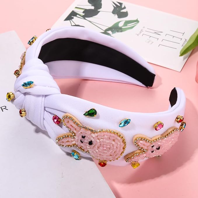 mokkia Easter Headbands Beaded Rabbit Bunny Headband for Women Pink Spring Knotted Headband Easter Hair Accessories Gifts