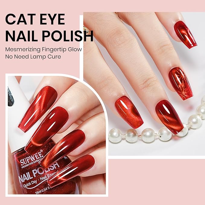 Red Quick Dry Cat Eye Nail Polish Non Gel, Magnetic Nail Polish with Magnet Cateye Fingernail Lacquer Air Fast Drying Manicure Gift For Women Girls 16ml/0.54 oz