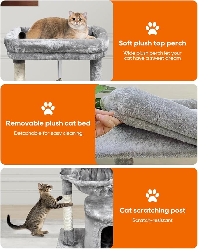 SYANDLVY Small Cat Tree for Indoor Cats, Activity Cat Tower with Scratching Post for Kittens, Modern Cat Furniture with Basket & Hanging Ball for Play Rest, Grey | Activity Cat Tower with Scratching Post, Basket & Hanging Ball for Play Rest, Grey