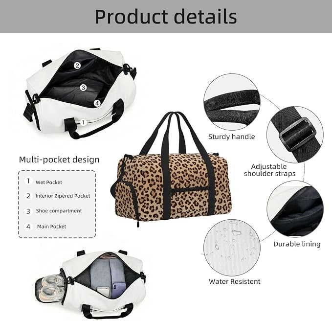Fiokroo Sports Gym Bag Leopard Print Travel Duffel Bag For Men Women With Shoe Compartment Water Resistant Gym Bag Carry On Duffel Bag For Weekend Traveling Yoga Gym Sports