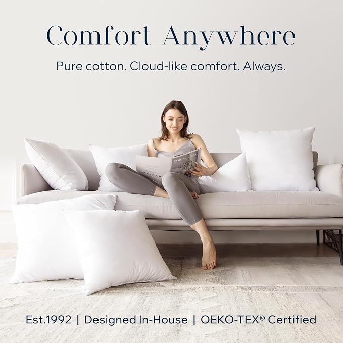 Phantoscope Throw Pillow Insert with 100% Cotton Cover, 24x24 Inch, 2 Pack | Soft Supportive Throw Pillows for Couch Bed, Hypoallergenic Breathable Pillows Inerts, Square Decorative Cushion Sham Stuffer