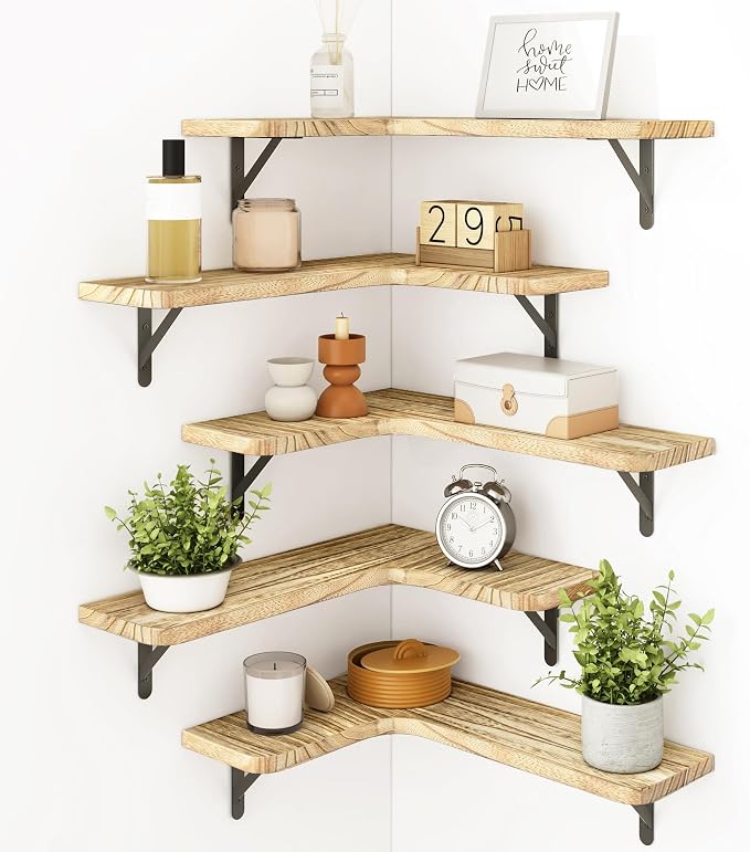 Fixwal Conner Shelves Wall Mounted for Decor, Carbonized Black 5pcs | Solid wood shelf with metal brackets, holds 40 lbs. Optimizes corner storage. Fits bathroom, kitchen, bedroom & living room.