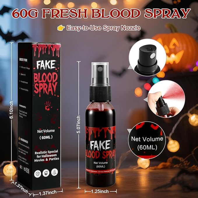 Halloween Fake Blood Spray – 60ML Fresh Realistic Fake Blood for SFX Makeup, Vampire Zombie Cosplay,Mouth Body Clothes Stage Effects – Easy to Use and Washable