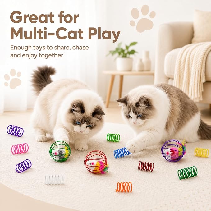 Cat Toys for Indoor Cats, 4 Wire Mesh Mice & 12 Colorful Springs