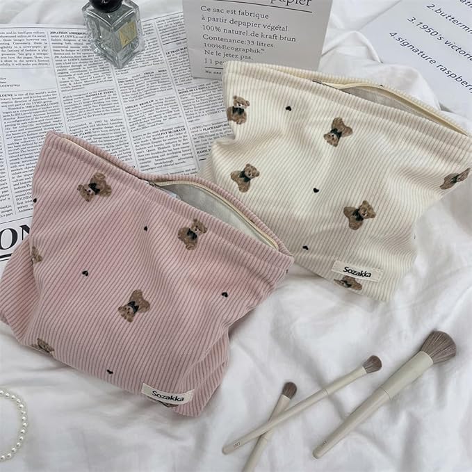 uekeboag 2Pcs Cute Small Soft Corduroy Zipper Makeup Bag for Purse, Coquette Aesthetic Pouch with Bear Pattern for Women Girls, Kawaii Travel Cosmetic Bags（Pink Set）
