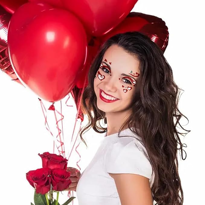 Heart Face Tattoos Stickers Glitter Face Gems Valentine's Day Temporary Tattoo Face Stickers for Women 4Pcs
