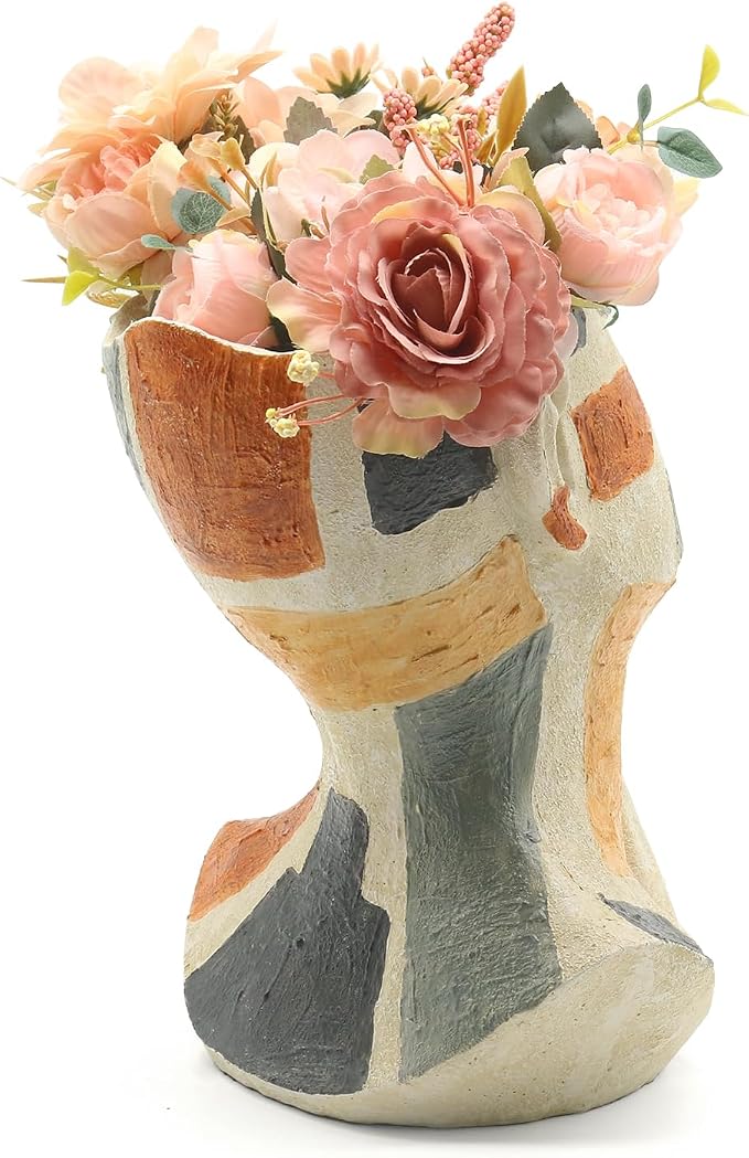 Lukitas Abstract Face Planter, Faux Sandstone Decorative Vase, Resin 10.5'' | Colorful Artistic Flower Plant Pot for Garden Patio Living Room Desk Shelf Decor