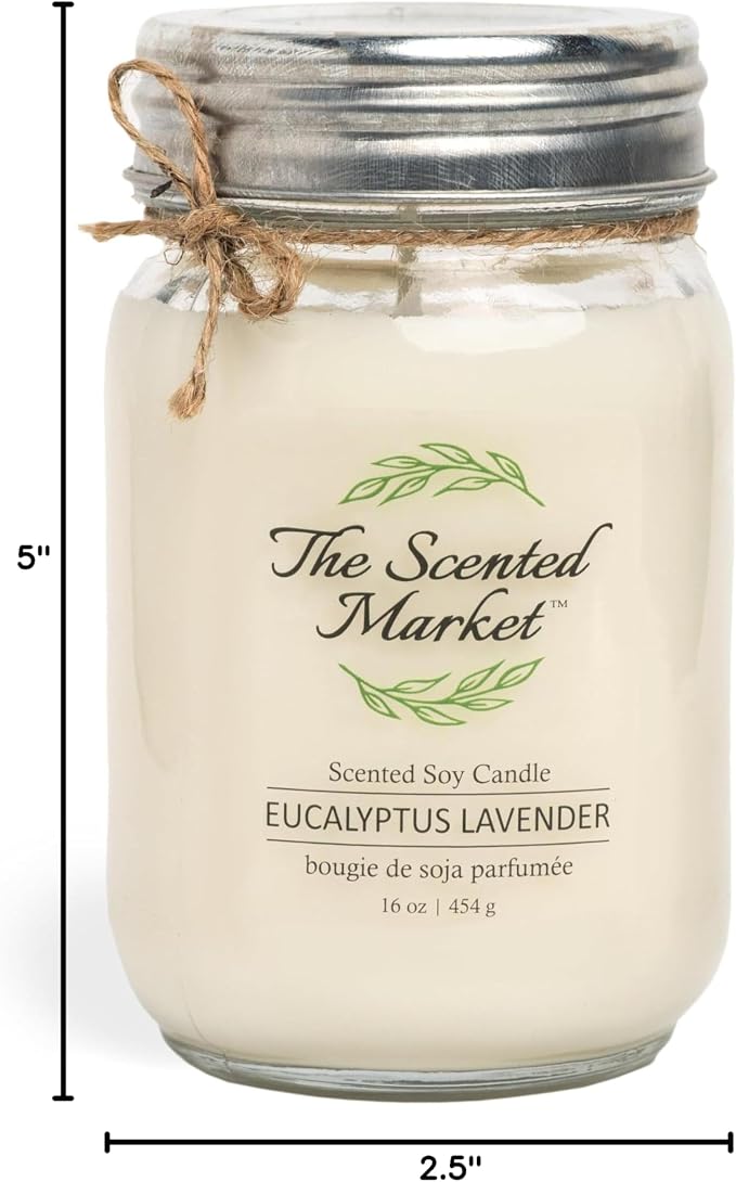 The Scented Market Aromatherapy Soy Wax Candle Eucalyptus Lavender 16 oz Mason Jar, Over 100 Hours of Burn Time, Ideal for Your Home and Gift Giving.
