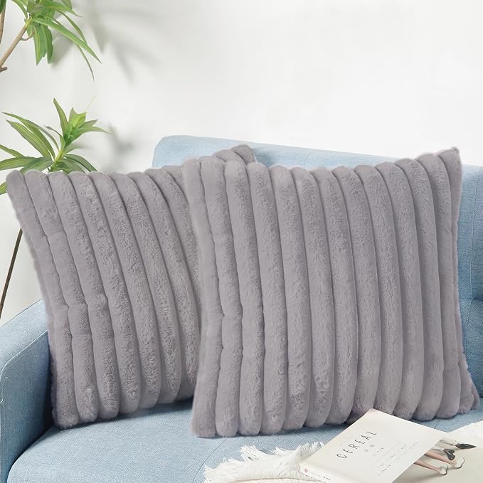 Decorative Throw Pillow with Inserts, Set of 2 Soft Faux Fur Throw Pillows, Square Boho Striped Pillow for Couch, Bed, Sofa Decor(Gray, 18" x 18")