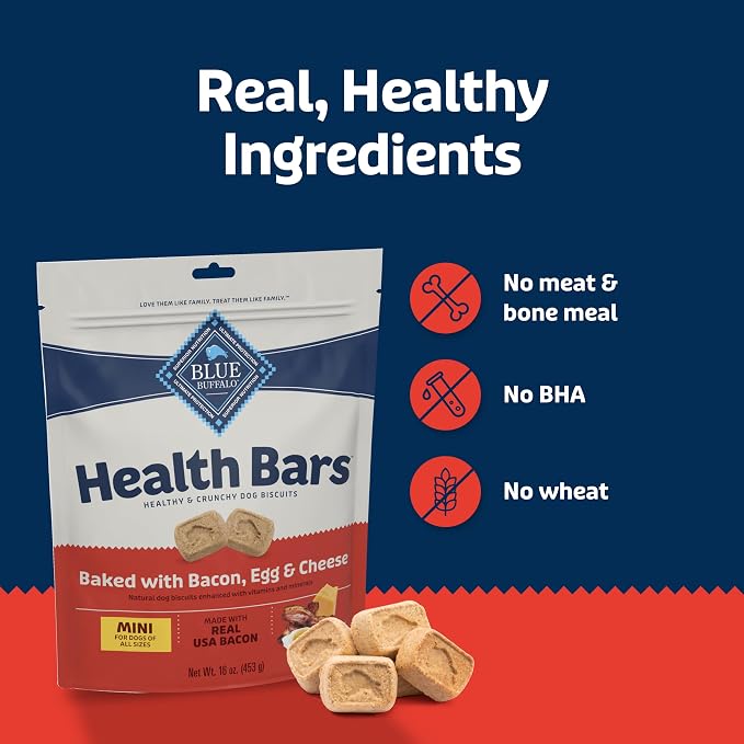 Blue Buffalo Health Bars Bacon Egg & Cheese Mini Dog Biscuits, 16 oz | Smaller Bite, Same Crunch, Oven-Baked, No Chicken By-Product, Corn, Wheat, or Soy