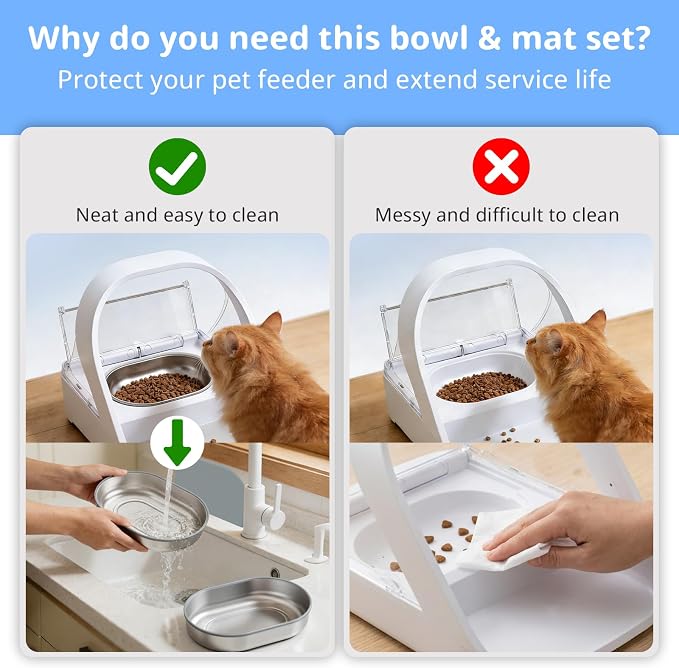 Stainless Steel Bowl Set for Automatic Microchip Cat Feeder, SUS 304 Grade, Sealing Ring to Keep Food Fresh & Reduce Odor, Easy to Clean, Includes 2 Bowls & 1 Mat