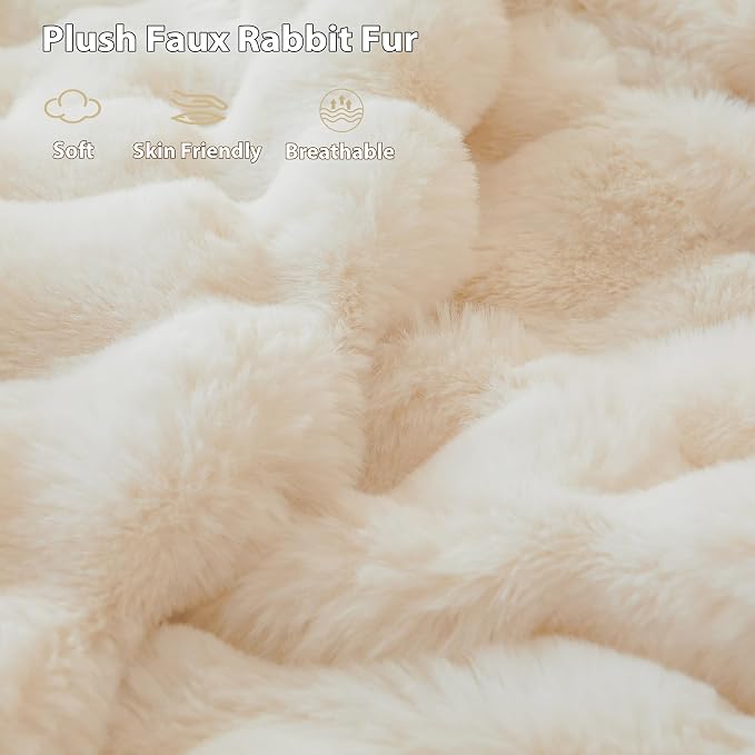 LIFEREVO Luxury Fluffy Faux Rabbit Fur Throw Blanket 50x60, Beige | Plush Shaggy Bubble Blanket for Bed Couch Sofa Office, Decorative Soft Cute Furry Ivory Throw for Kids Teens Adults, Washable