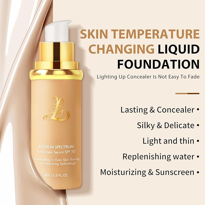 4-in-1 Color Changing Foundation with SPF 50 - Medium Spectrum Longwear Match Foundation with 2 Brushes - Moisturizing & Concealer Face Makeup for All Skin Types