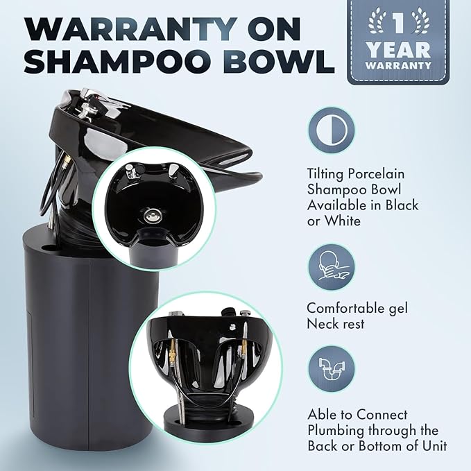 Buy-Rite Paris Pedestal Shampoo Unit - Tilting Porcelain Bowl with Black Metal Base, Silicone Neckrest, Rear Plumbing Access Door, Complete Hardware & Vacuum Breaker Included, NIN-030BLACKBASE-BLK