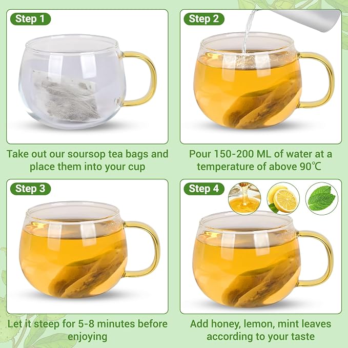 Soursop Leaves Tea Bags, Premium Soursop Graviola Leaves Herbal Tea, Pure & Natural Soursop Leaves for Digestion, Support Healthy Skin & Sleep, No Additives, Caffeine Free (100 Bags/2 Pack)