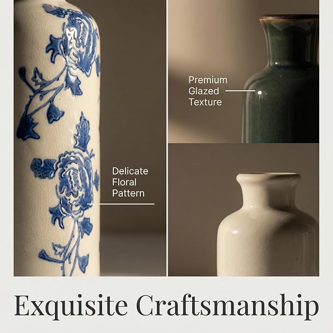 Ceramic Vintage Vase Set of 3, Blue and White Crackle Glaze, Chinoiserie Floral Decor for Farmhouse Shelf, Table Centerpiece, Mantel, Living Room & Office