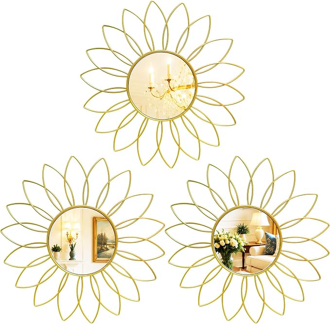 3 Pack Metal Mirrors for Wall Sunburst Wall Mirrors Home Décor Decorative Hanging Wall Art for Living Room Bedroom Entryway (Gold2, Flowers)