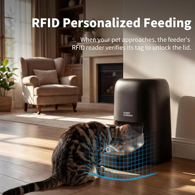 HoneyGuaridan RFID Automatic Cat Feeder with Collar Tag-Activated Personalized Meal, 4.6L 5G WiFi APP Control Cat Food Dispenser with 5000mah Battery,Multi-Pet Homes and Different Diets