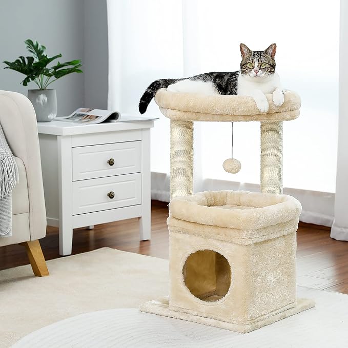 PEQULTI Indoor Cat Tree Tower Small Cats, Sisal Post & Cozy Condo, Beige | Private soft cat condo, soft top perch, natural sisal scratch posts, plush pom-pom toy for indoor kitties